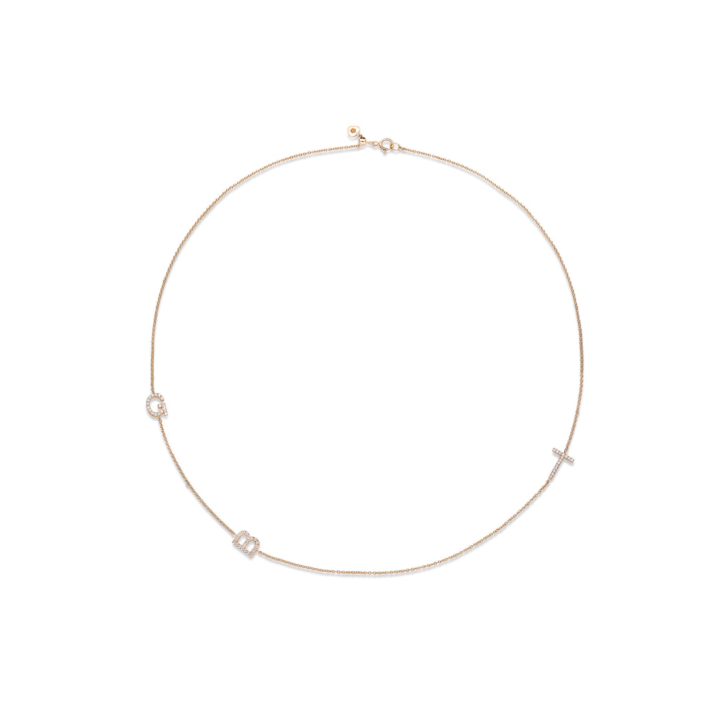 18K Yellow Gold Custom Initial Necklace, letters "GBT" with wall-set round brilliant diamonds