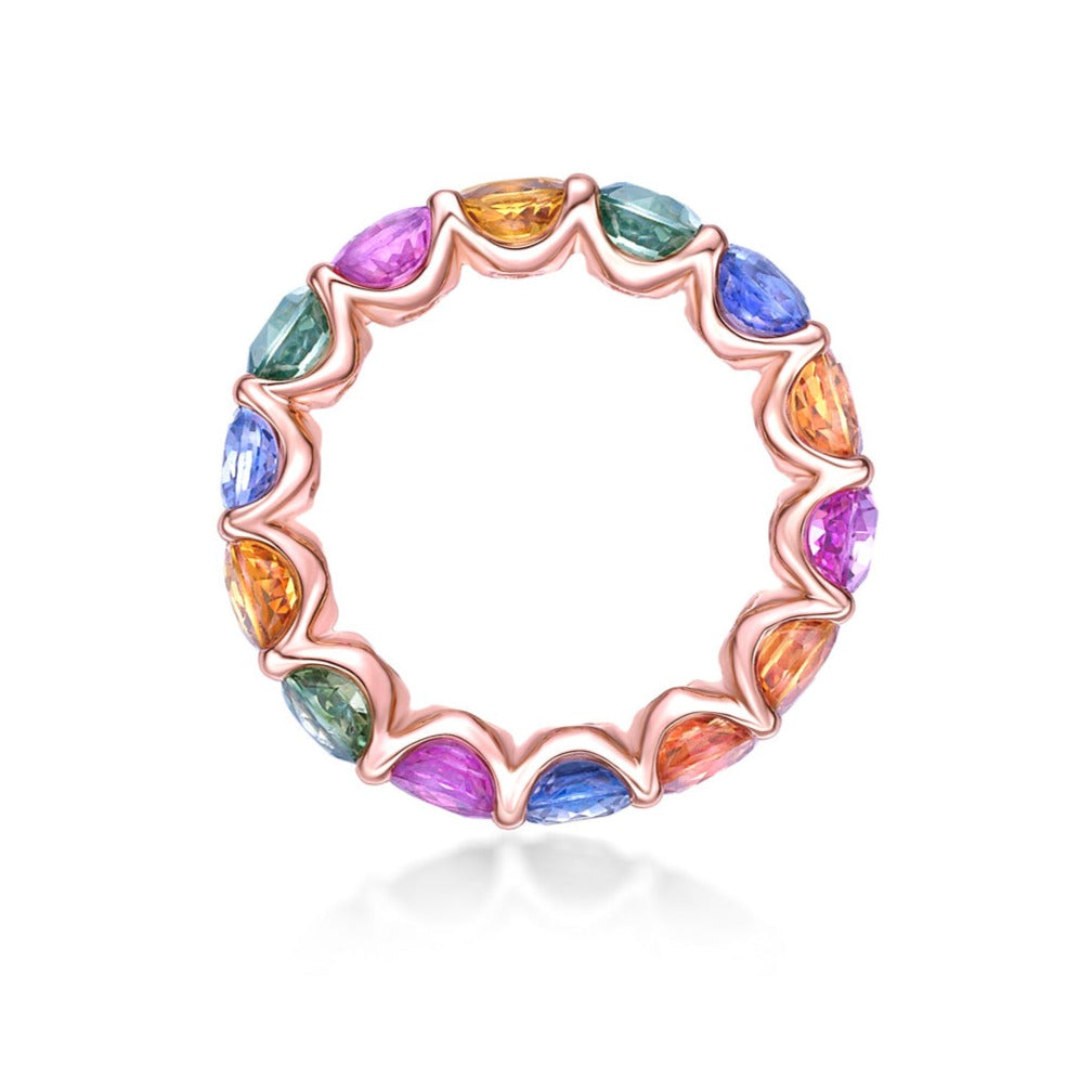 Multi-colour Round Sapphire Eternity in a handmade 18K Rose Gold setting with shared nail claw