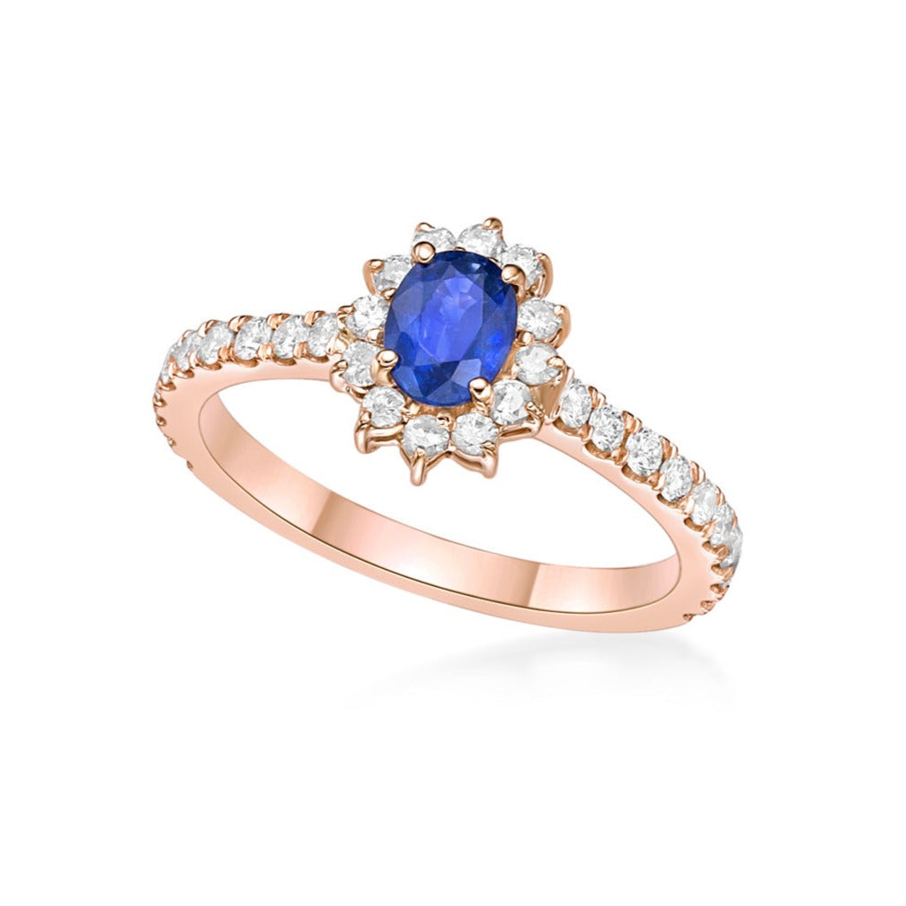 2ct Oval Blue Sapphire in a handmade 18K Rose Gold setting with Floral Diamond Halo