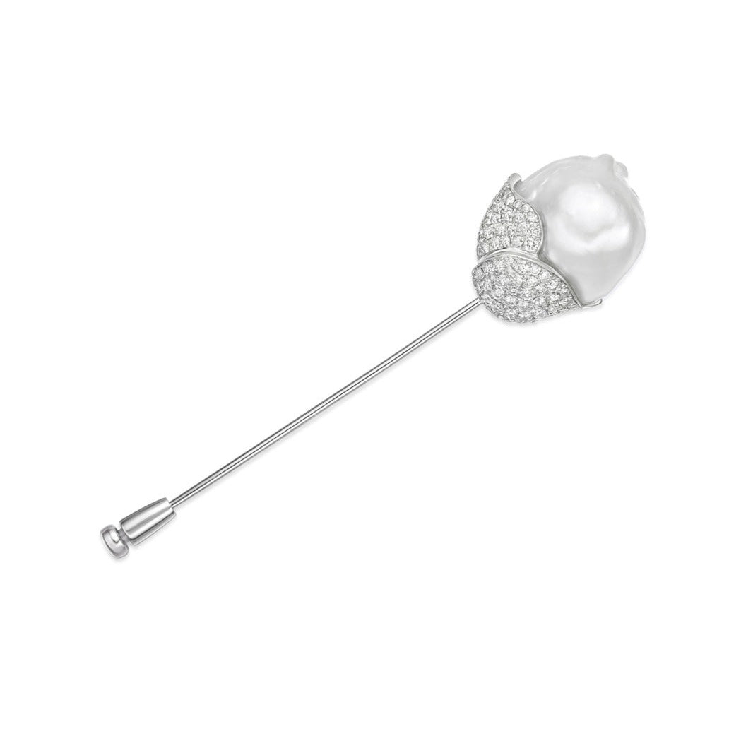 Baroque Mother of Pearl Lapel Pin with pave diamond petals, 75mm total length