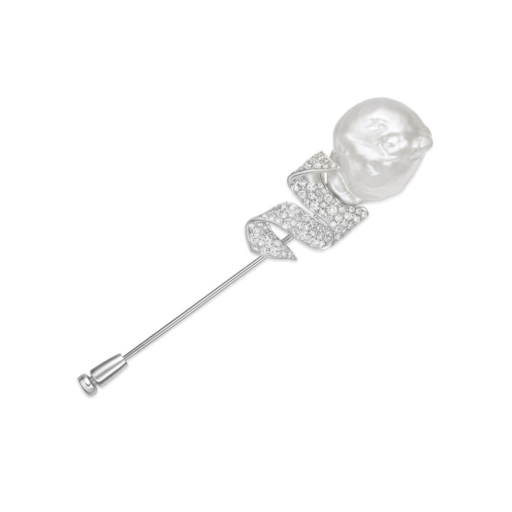 Baroque Mother of Pearl Lapel Pin with pave diamond ribbon, 75mm total length