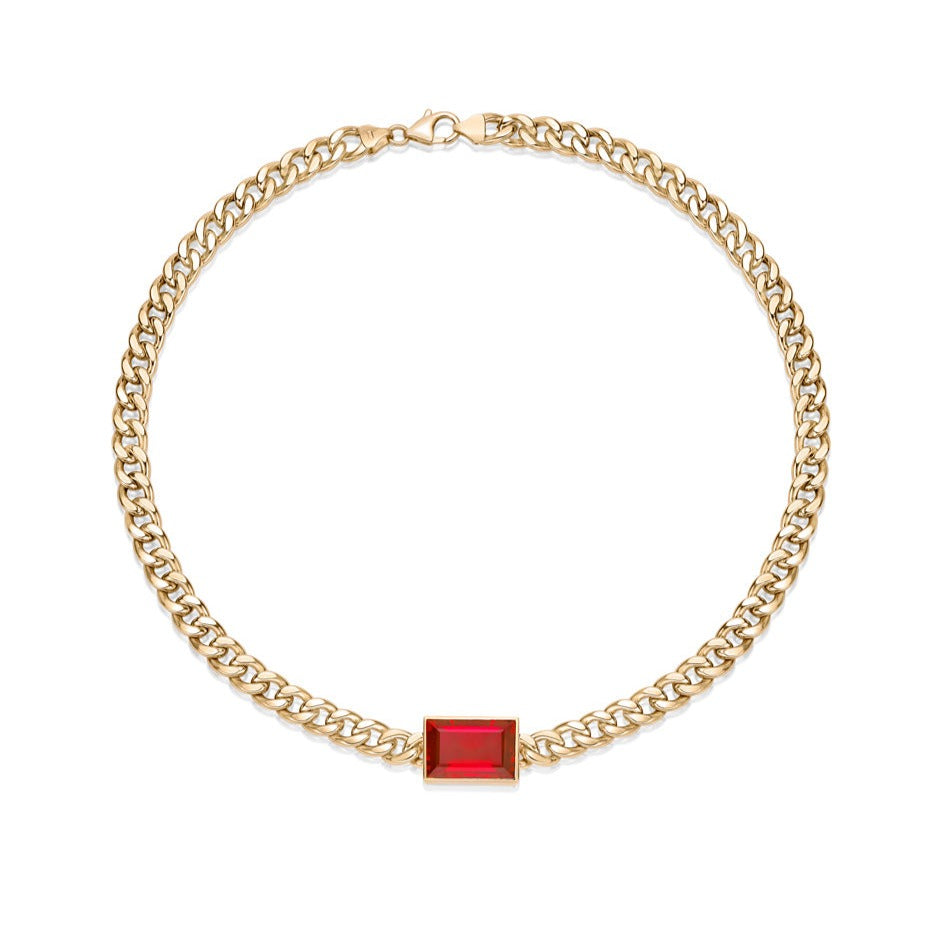 14.68ct Rectangular Rubellite bezel set in 18K Yellow Gold with a Curb Chain