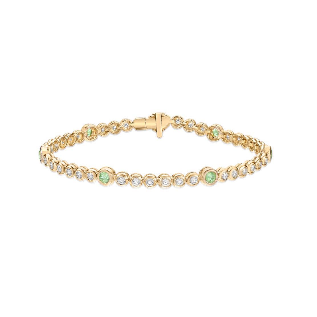 18K Yellow Gold Round Bezel Diamond and Peridot Tennis Bracelet