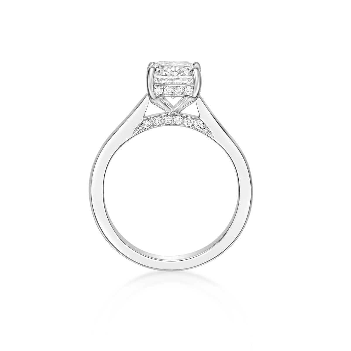 1.50ct Cushion Modified Brilliant diamond set in an 18K White Gold 4-claw Solitaire setting with hidden halo and diamonds on the bridge