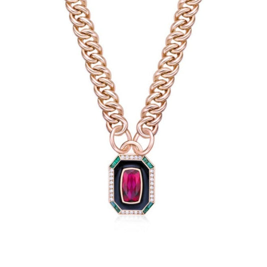Custom Fuschia Rubellite Pendant with Diamond and Emerald Halo and 18K Rose Gold Curb Chain