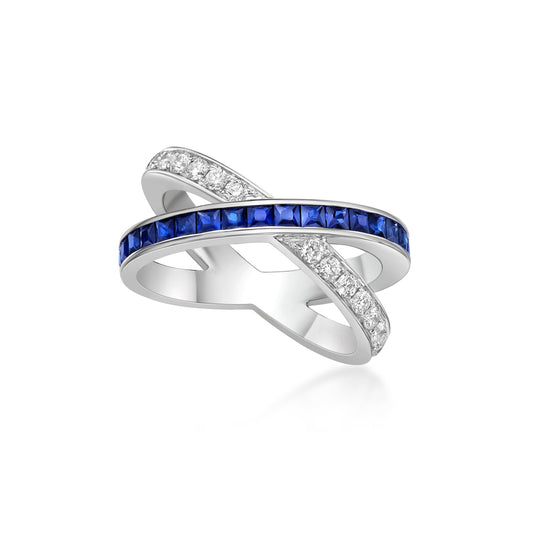 Blue Sapphire and Diamond Criss Cross Ring
