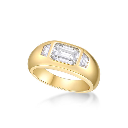 Gypsy Set Ring with 1.01ct Emerald Cut diamond and Trapeze Diamond Sidestones