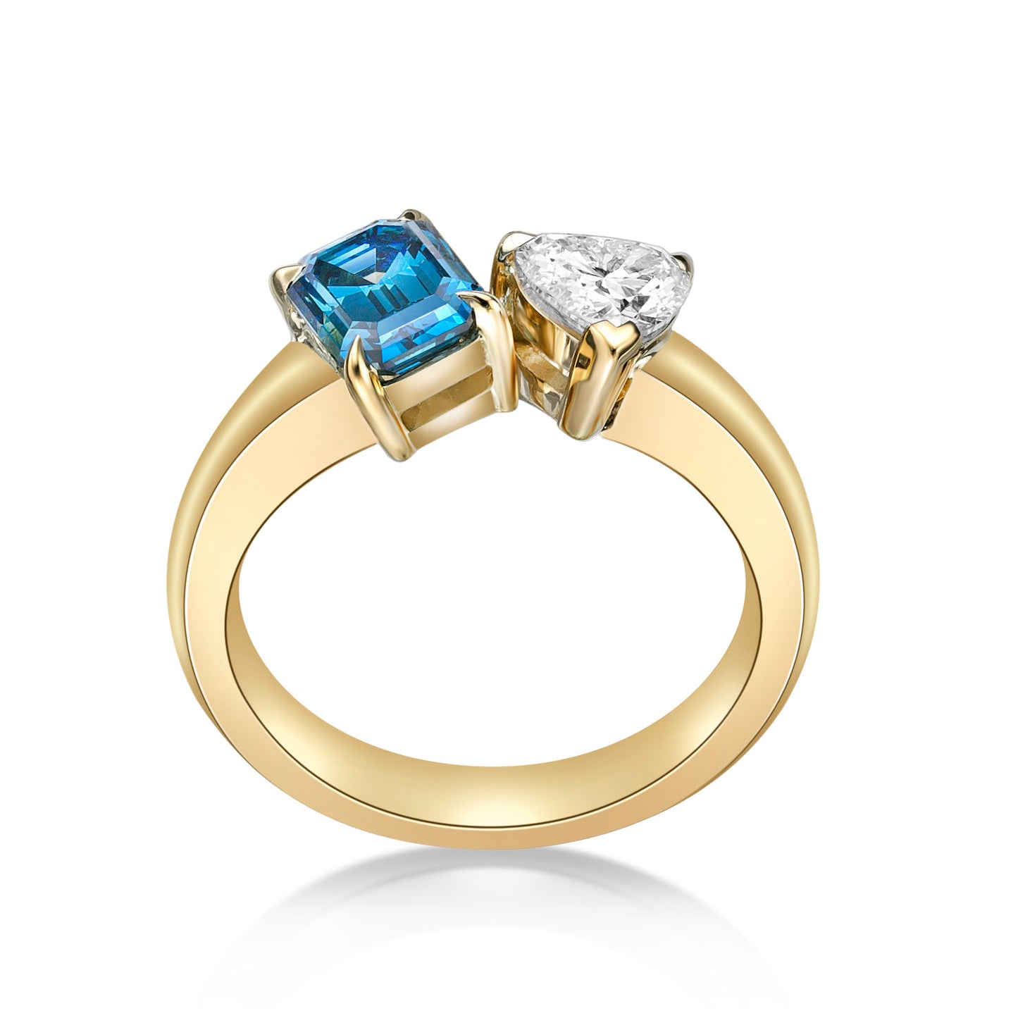 Bespoke handmade 18K Yellow Gold Mixed-Shape 2-stone Ring with Heart-shaped Brilliant diamond and Blue Emerald cut Diamond