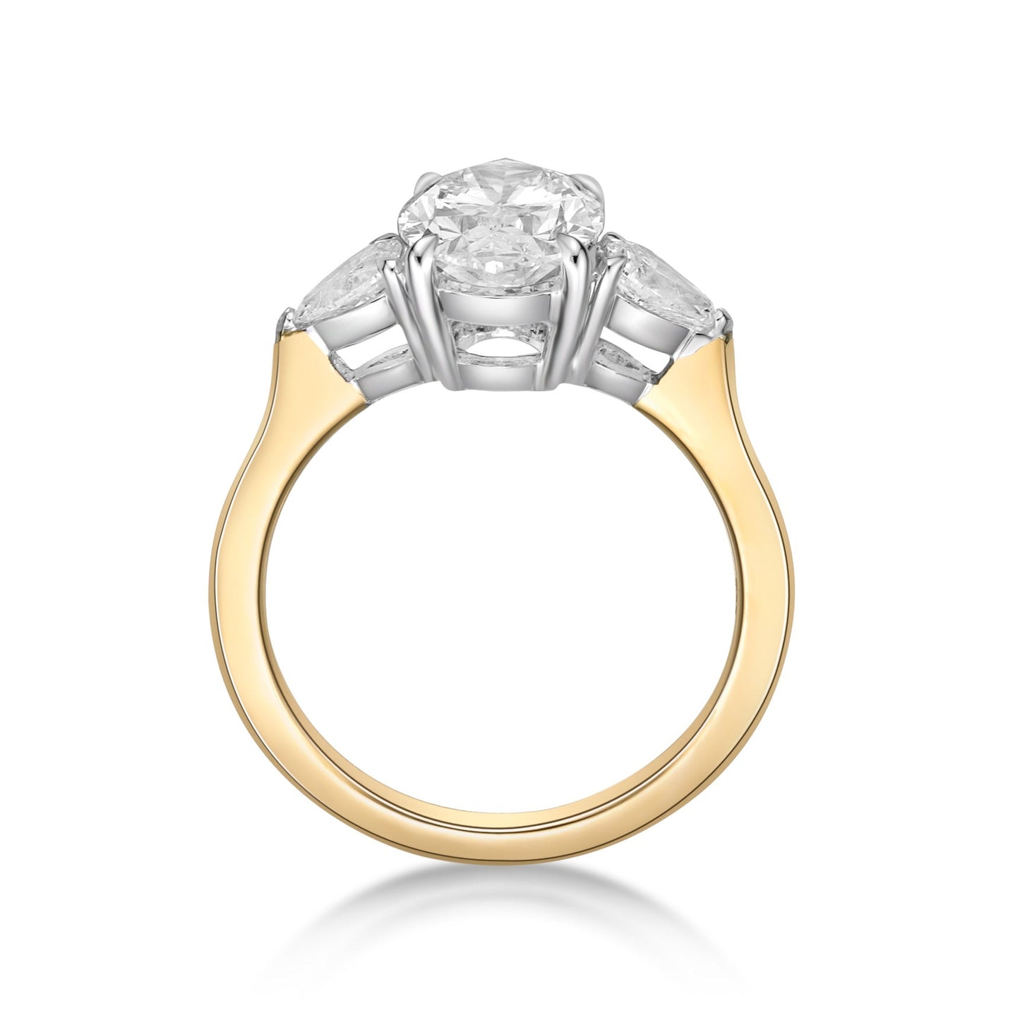 2.01ct Oval Brilliant diamond in a mixed metal three-stone basket setting, featuring 20pt Pear Brilliant diamond sidestones
