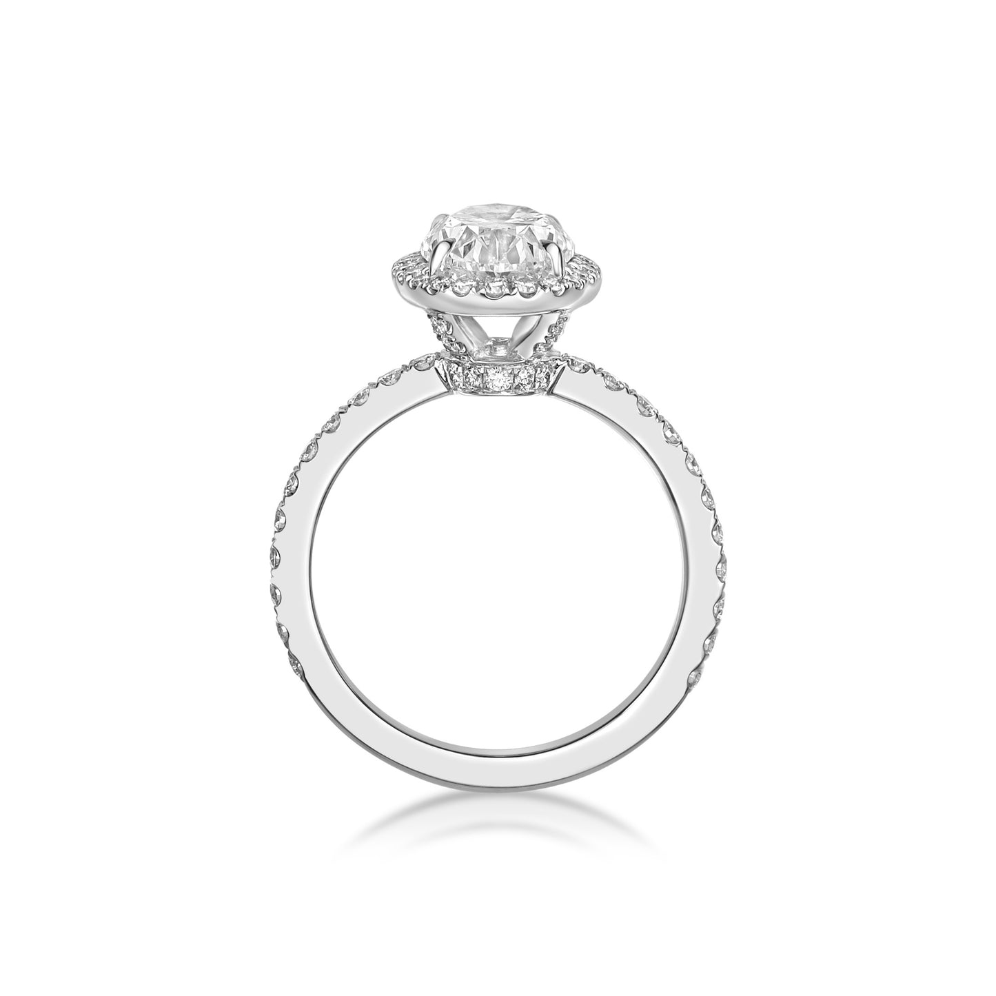 2.01ct Oval Brilliant diamond in a handmade Platinum Diamond Halo setting with diamond eternity band and custom detailing on side profile