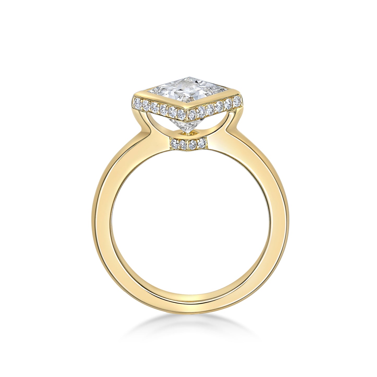 2.01ct Princess cut diamond in a handmade 18K Yellow Gold Offset Bezel engagement ring with hidden halo