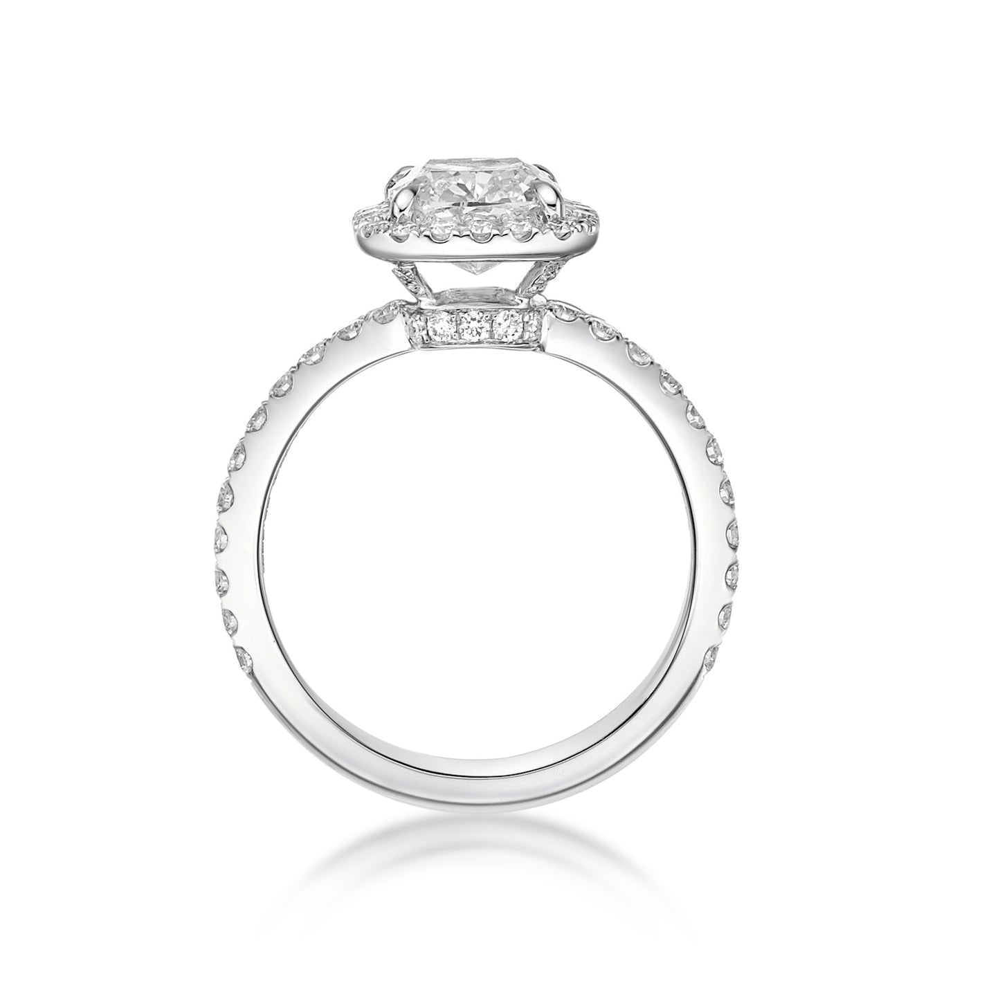 1.80ct Cushion Modified Brilliant diamond in an 18K White Gold engagement ring setting with diamond halo and custom side profile
