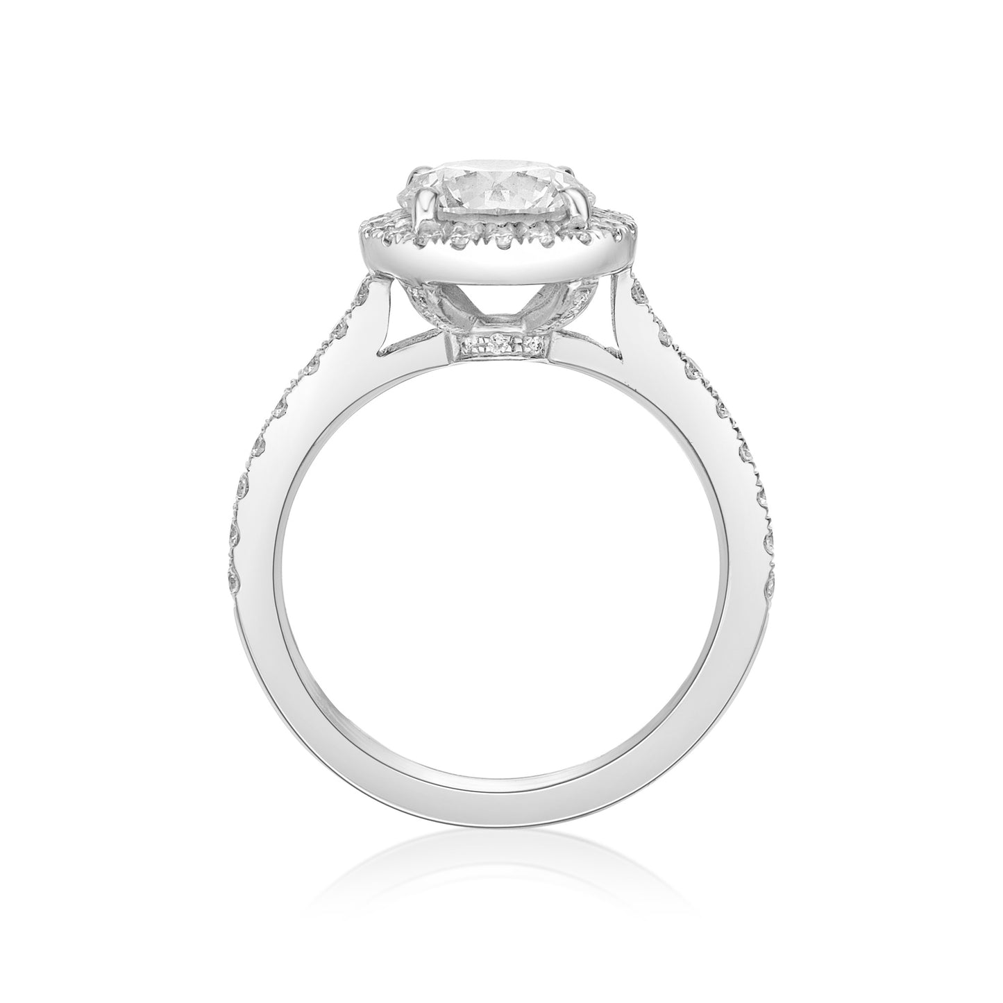 1.78ct Round Brilliant diamond in a handmade 18K White Gold engagement ring setting with wall-set diamond halo