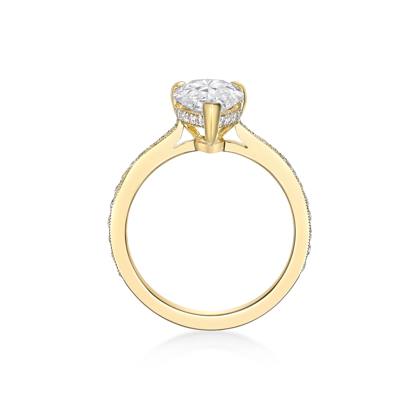 2.01ct Pear Brilliant diamond in a handmade 18K Yellow Gold Engagement ring setting with hidden halo and diamond eternity band, hand-milgrain detailing