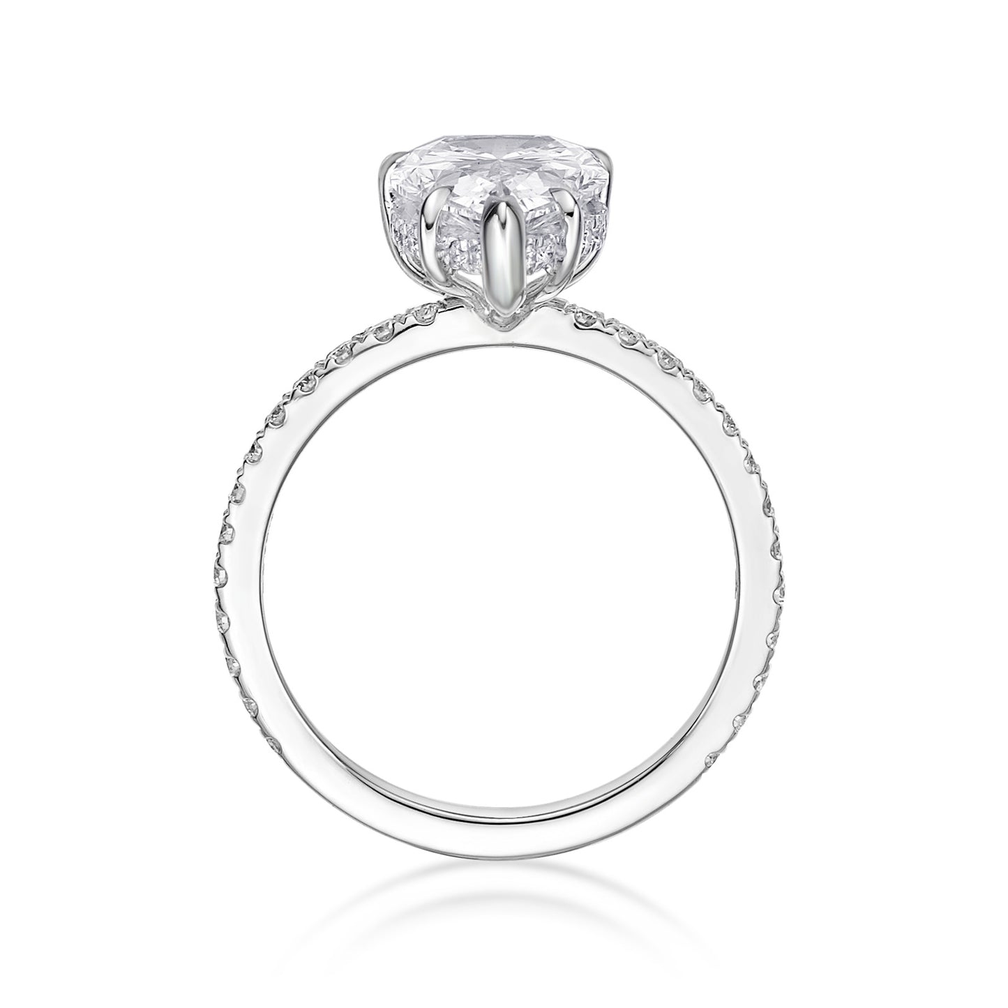 2.40ct Pear-shaped brilliant diamond in a handmade 18K White Gold engagement ring with hidden diamond halo