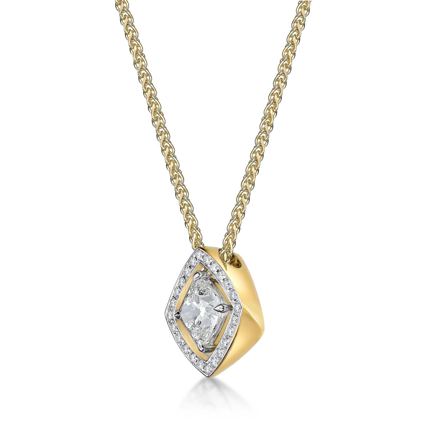 2.01ct Cushion Diamond in a mixed metal 18K Yellow Gold and White Gold Twisted Floating Diamond Halo