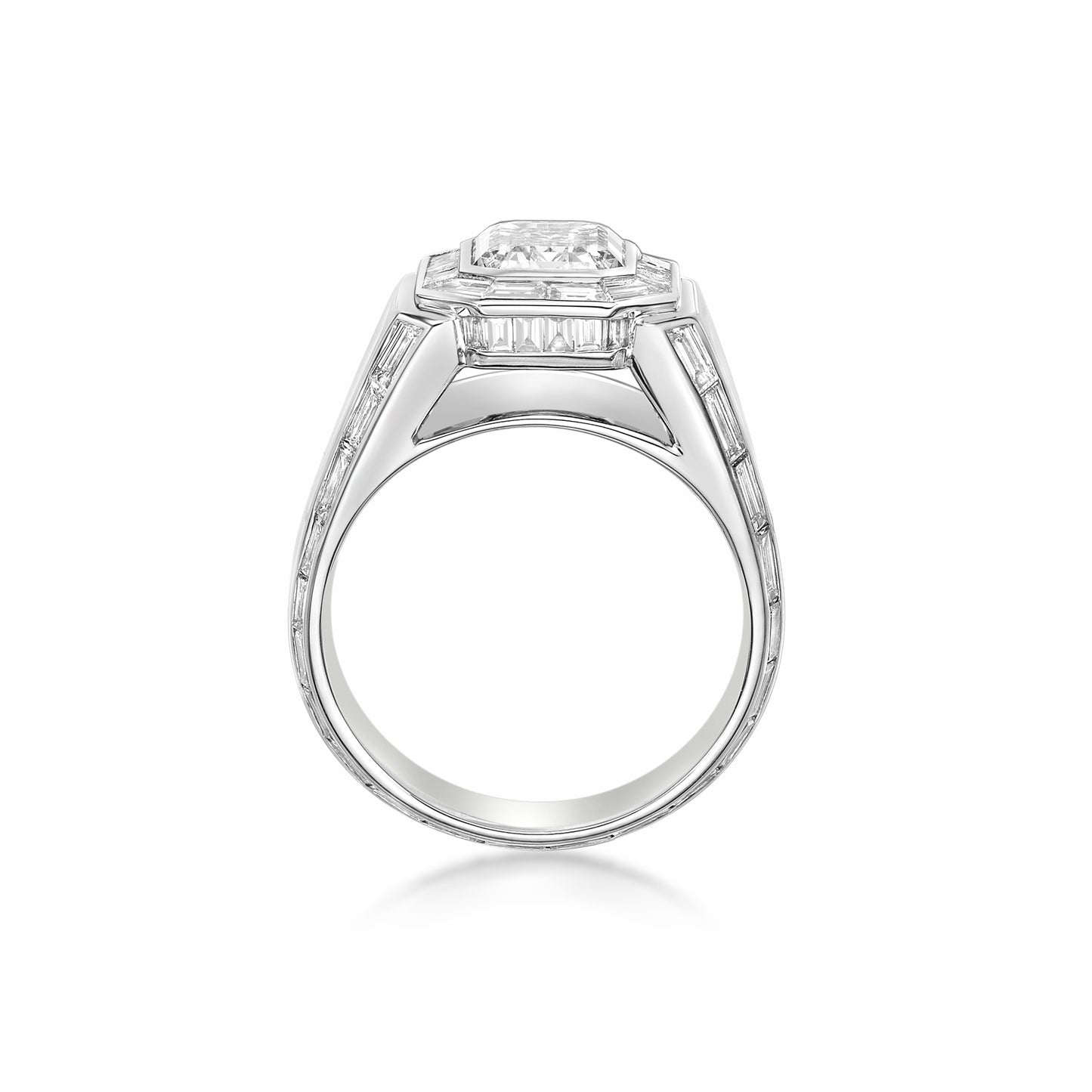3.01ct Emerald Cut Diamond in a handmade Platinum Baguette Diamond Halo setting, and channel set baguette eternity on band and bridge of ring