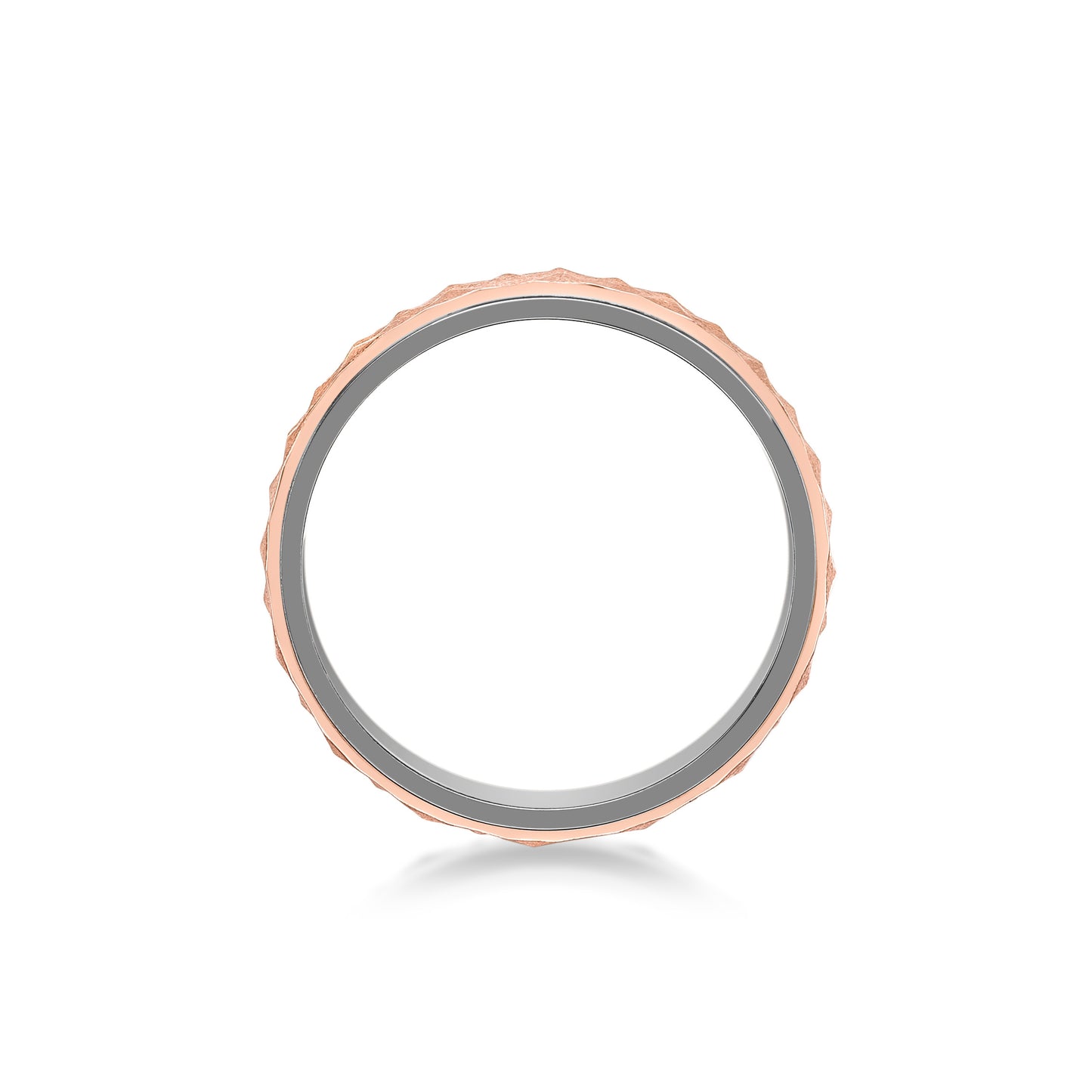 Men's Wedding Band- Mixed Metal Ring using 18K White & Rose Gold, textured inner strip set with round brilliant diamonds at North-East-South-West position, and 18K White Gold polished edges with black rhodium finish