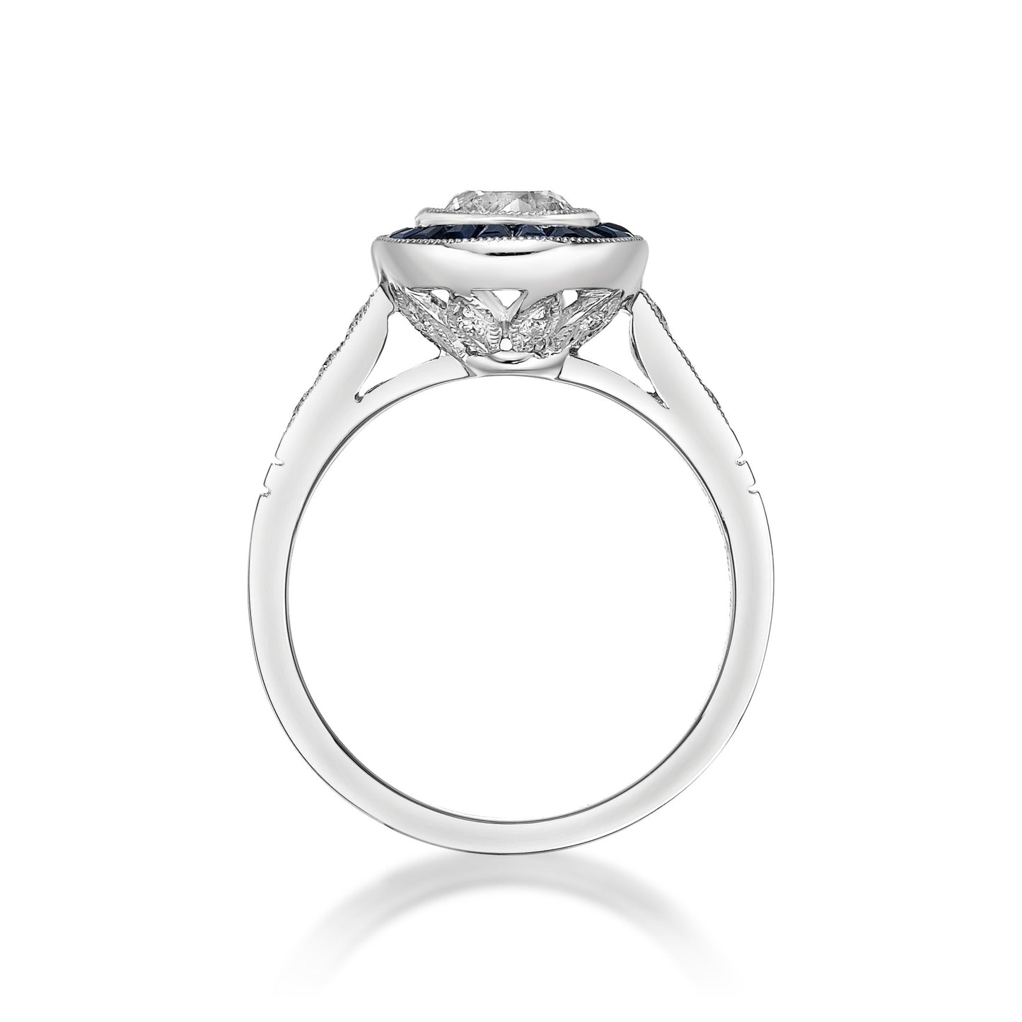 0.75ct Round Brilliant Diamond in Vintage-style Custom Cut Blue Sapphire Halo and Diamond band