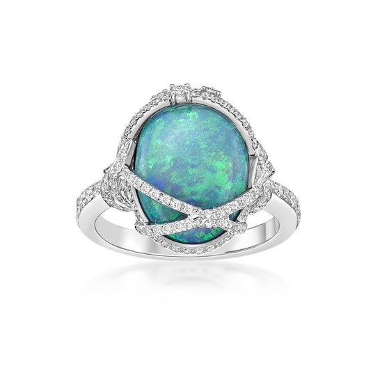 Australian Opal Cocktail Ring with overlapping diamond threads in a handmade 18K White Gold setting