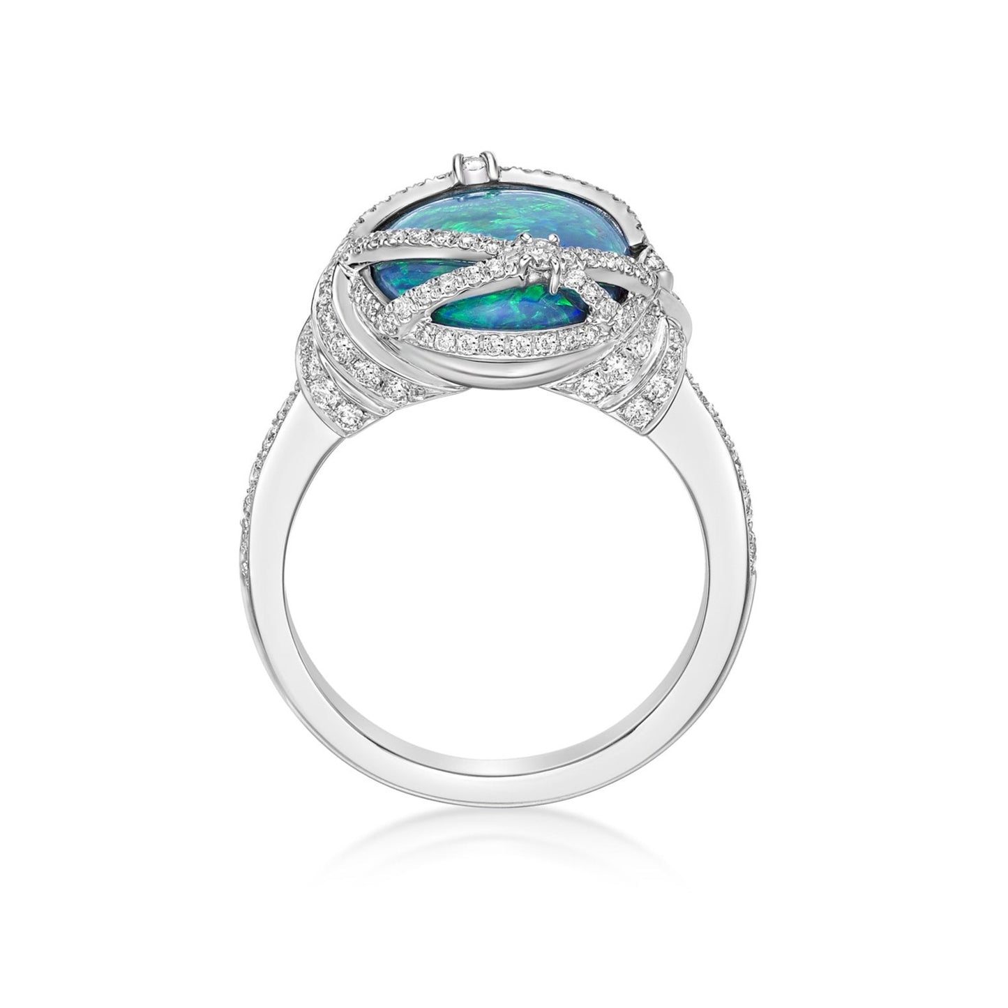 Australian Opal Cocktail Ring with overlapping diamond threads in a handmade 18K White Gold setting