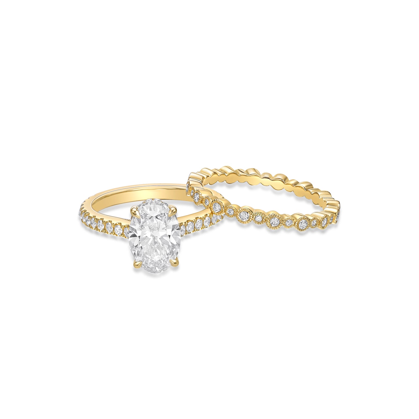 1.85ct Oval Brilliant diamond in a handmade 18K Yellow Gold engagement ring setting with Hidden Halo and diamond eternity band