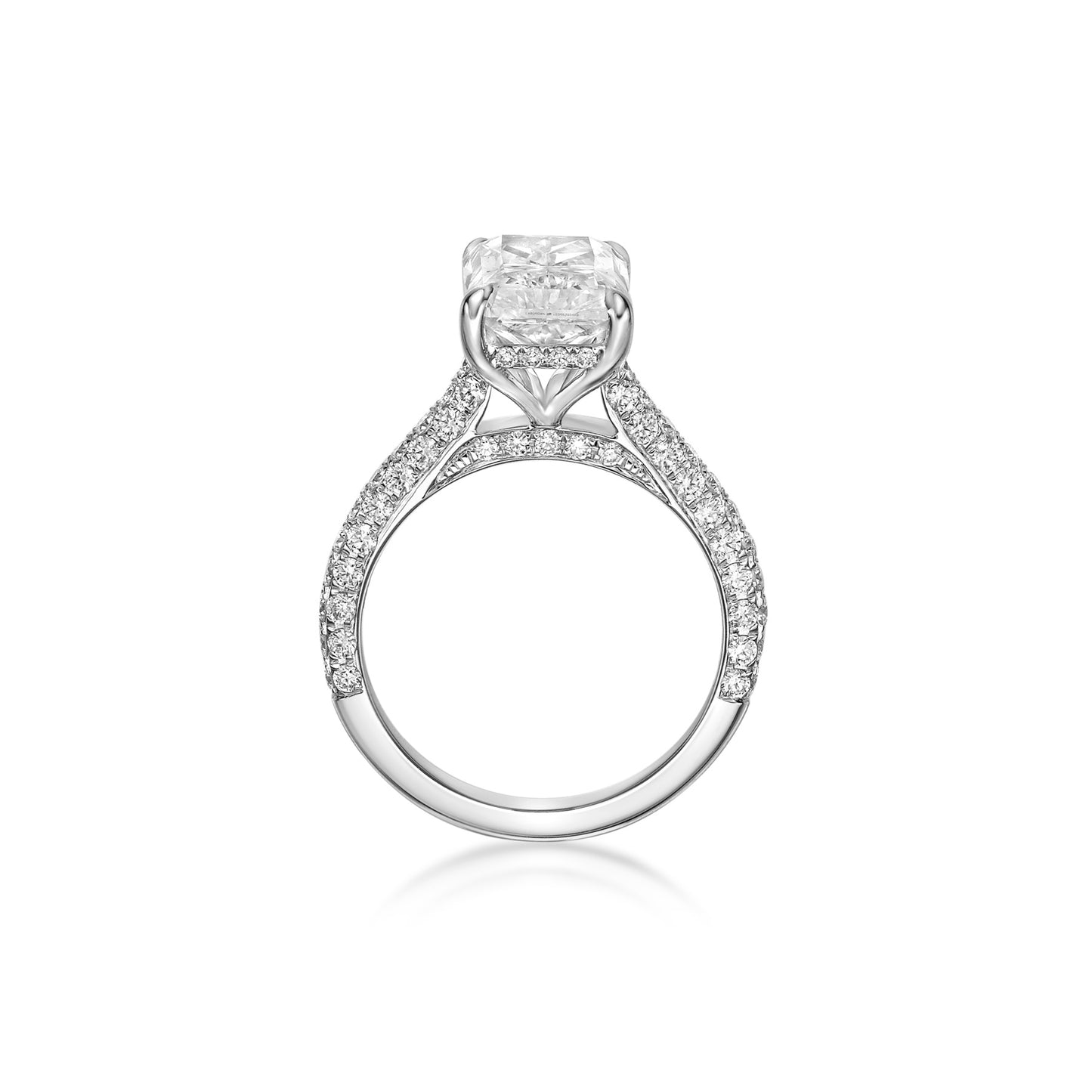 3.37ct Radiant Cut Diamond in a handmade 18K White Gold Pave Diamond setting with hidden halo and diamonds on the bridge