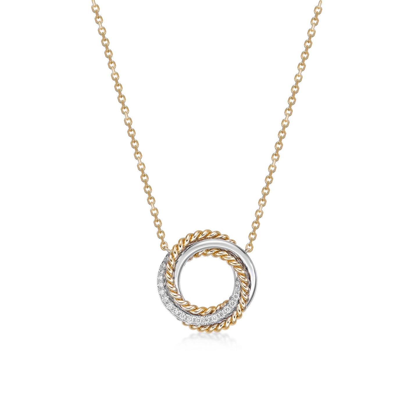 Mixed Metal Diamond Trinity Ring Pendant with Intertwining 18K White and Yellow Gold Rings