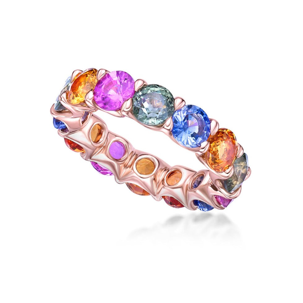 Multi-colour Round Sapphire Eternity in a handmade 18K Rose Gold setting with shared nail claw