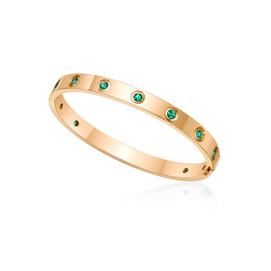 18K Yellow Gold 6mm Bangle with bezel set Round Green Emeralds and Custom Name Engraving