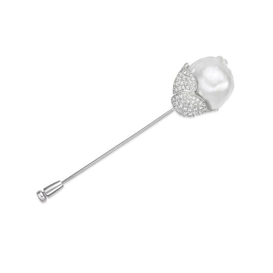 Baroque Mother of Pearl Lapel Pin with pave diamond petals, 75mm total length