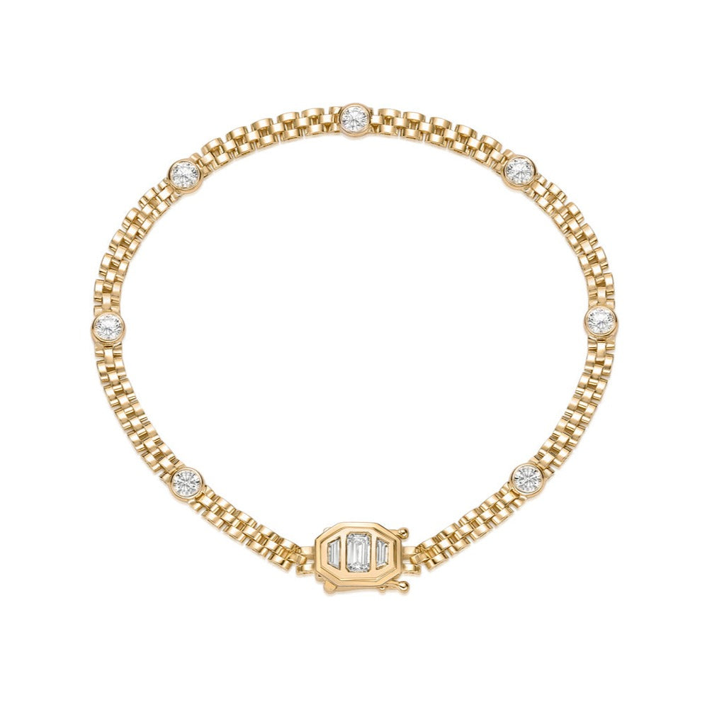 18K Yellow Gold Chain Bracelet with bezel set round brilliant diamonds and custom step-cut diamond clasp