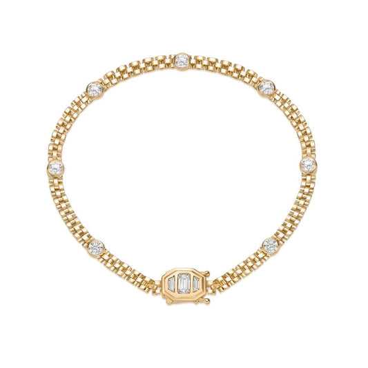 18K Yellow Gold Chain Bracelet with bezel set round brilliant diamonds and custom step-cut diamond clasp
