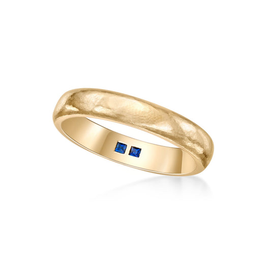 18K Yellow Gold Men's Wedding Band with Distressed Sandblast finish and Hammerset Blue Sapphires on inner band