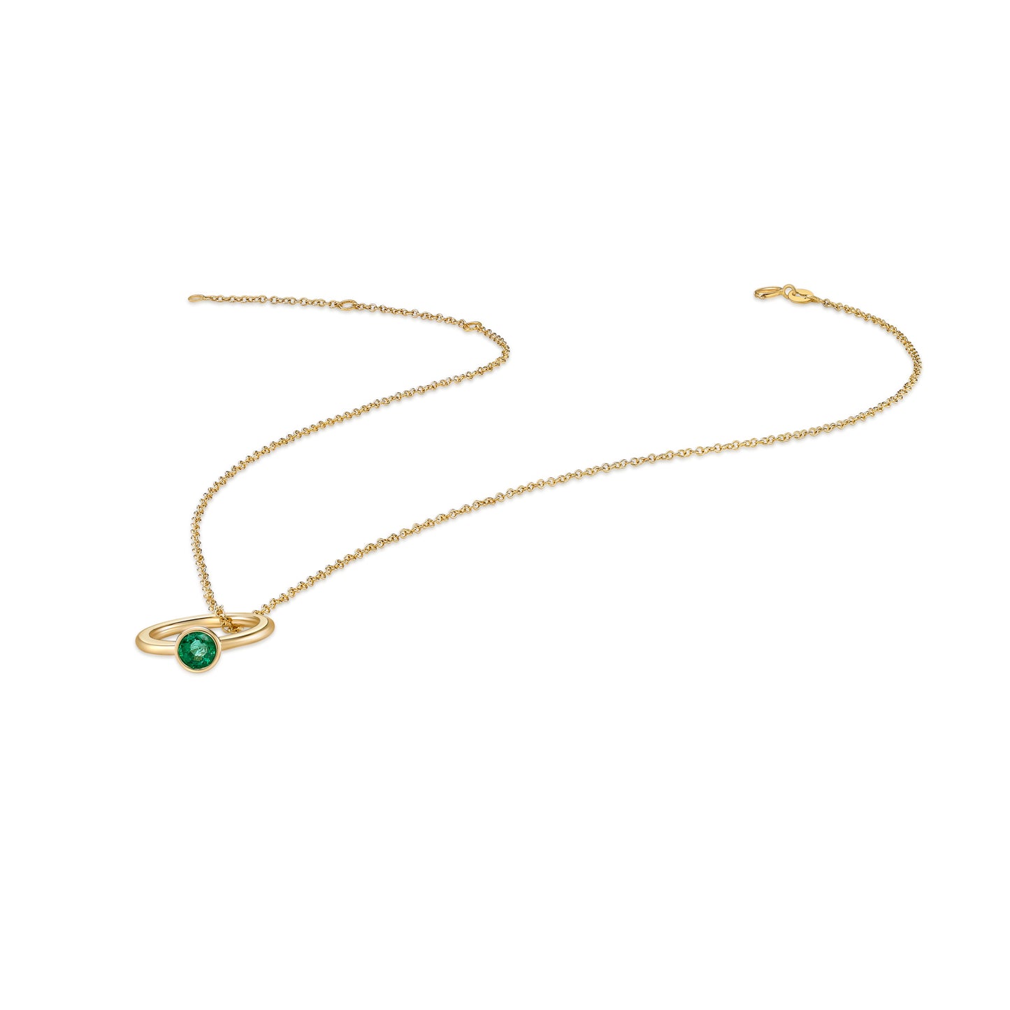 18K Yellow Gold Mother-Daughter Necklace, with Bezel set round green emerald ring pendant