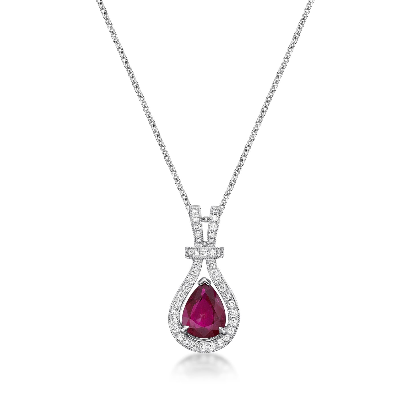 1.66ct Pear-shaped Natural Ruby in a custom 18K White Gold handmade Floating Diamond Halo pendant setting with hand-milgrain detailing