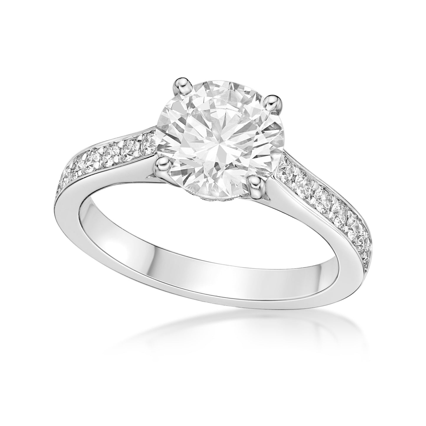 1.77ct Round Brilliant diamond in 18k White Gold engagement ring setting with hidden halo and Diamond Eternity Band