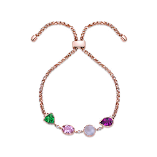 The Bradley Bracelet- multi gemstone bracelet bezel set with round brilliant diamond accents, and a thick Spiga rope chain with threads