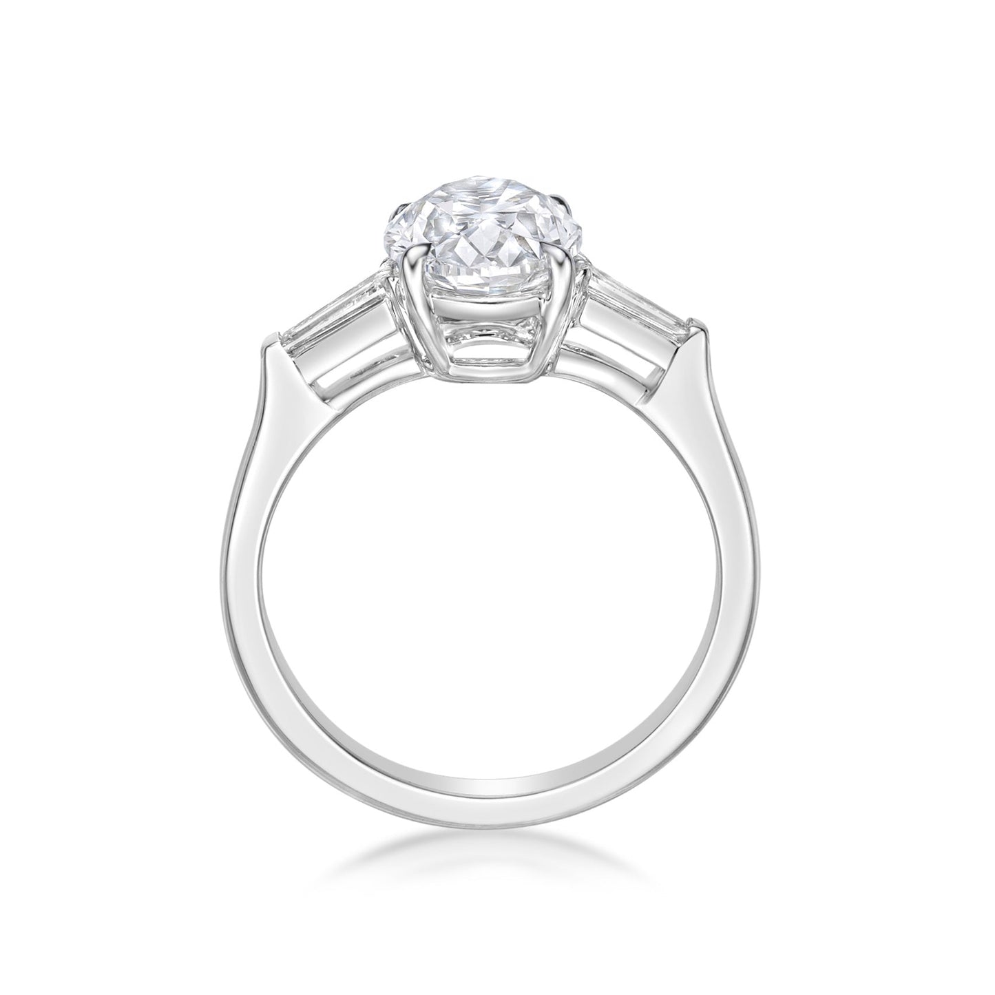2.01ct Oval Brilliant diamond in a handmade 18K White Gold basket setting with 15pt Tapered baguette diamond sidestones