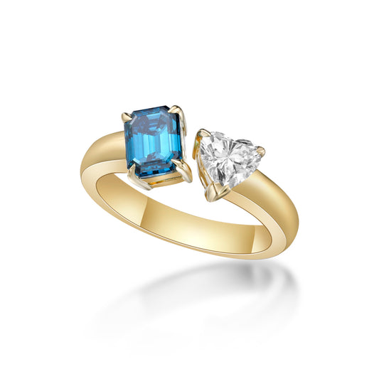 Bespoke handmade 18K Yellow Gold Mixed-Shape 2-stone Ring with Heart-shaped Brilliant diamond and Blue Emerald cut Diamond