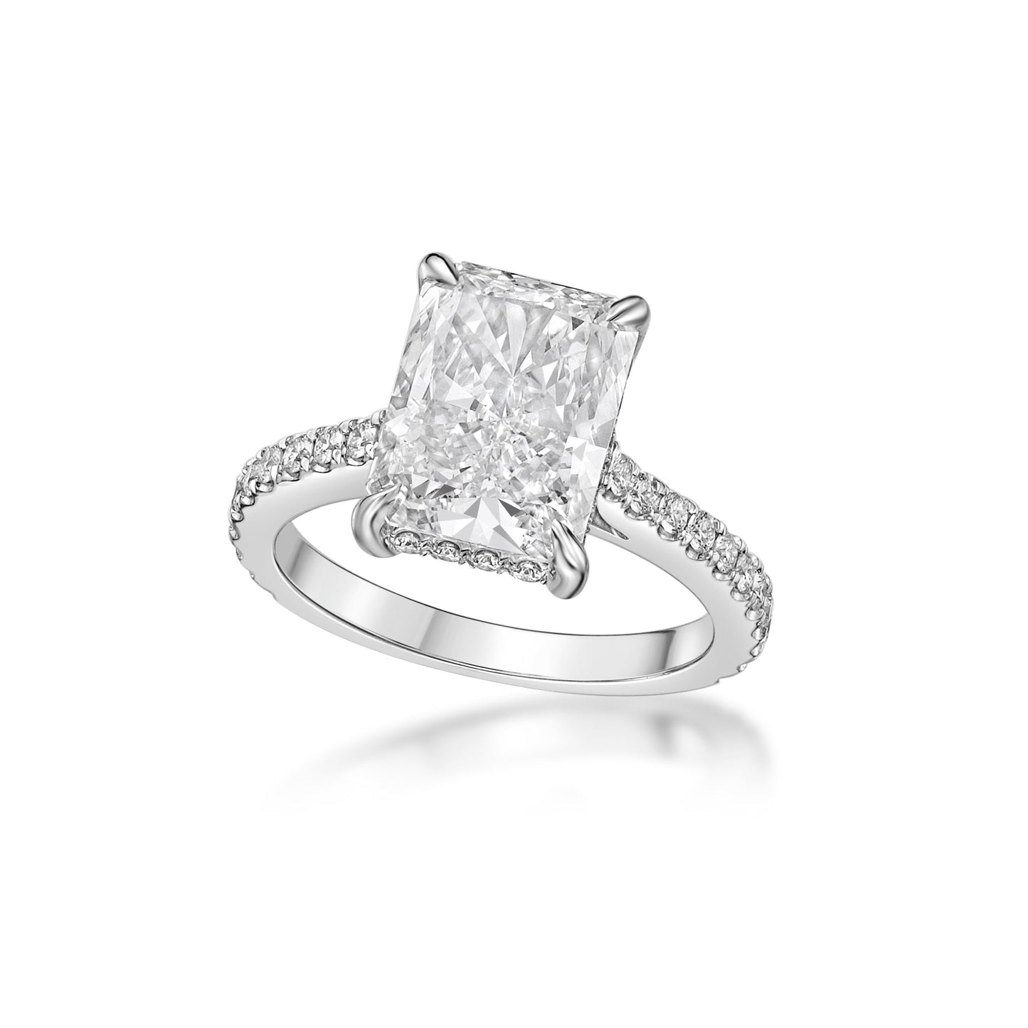 4.01ct Radiant Cut Diamond in a handmade 18K White Gold engagement ring setting with hidden halo of round brilliant diamonds