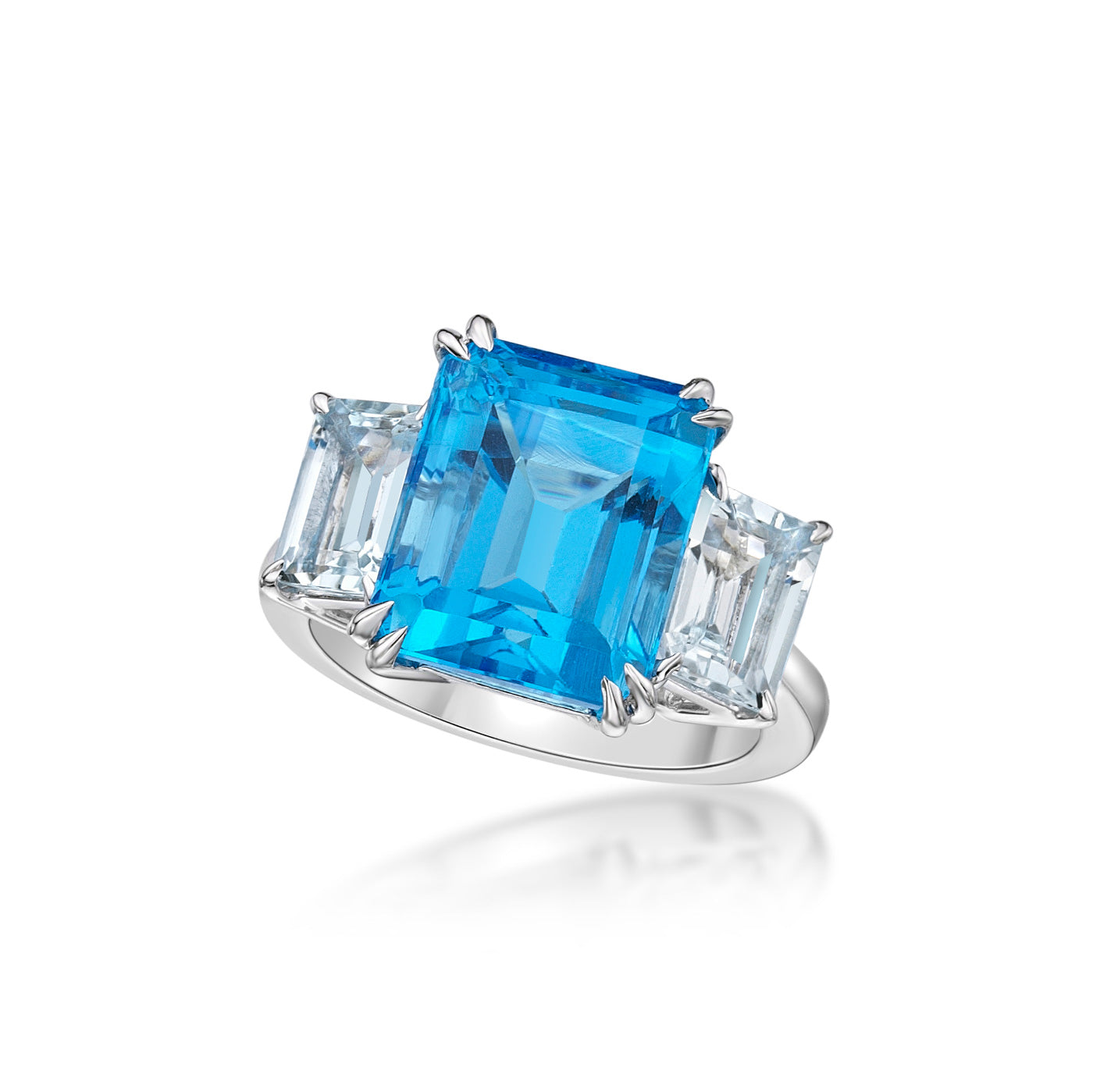 9.50ct Emerald cut Blue Topaz Cocktail Ring with Aquamarine Sidestones