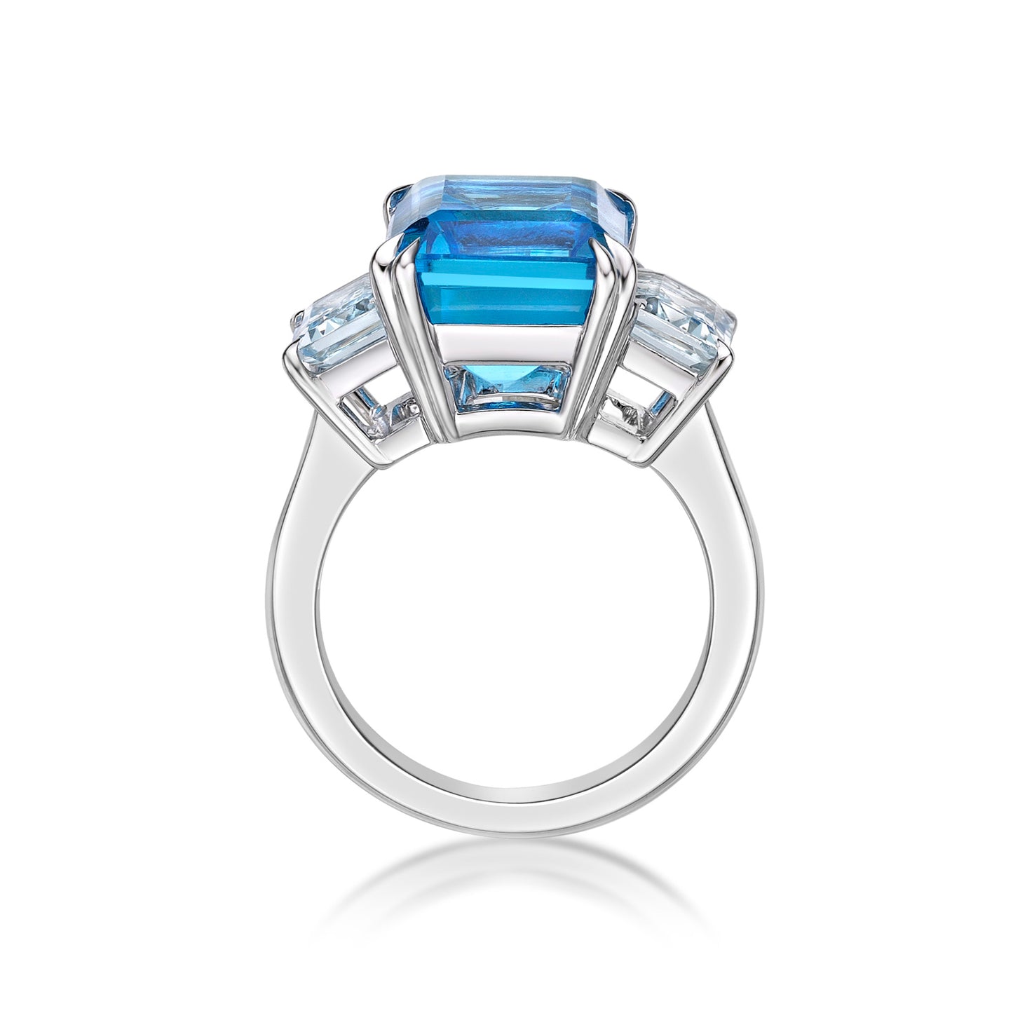 9.50ct Emerald cut Blue Topaz Cocktail Ring with Aquamarine Sidestones