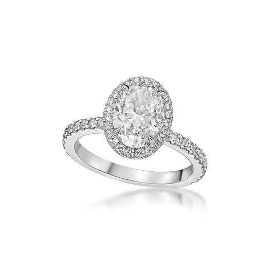 2.01ct Oval Brilliant diamond in a handmade Platinum Diamond Halo setting with diamond eternity band and custom detailing on side profile