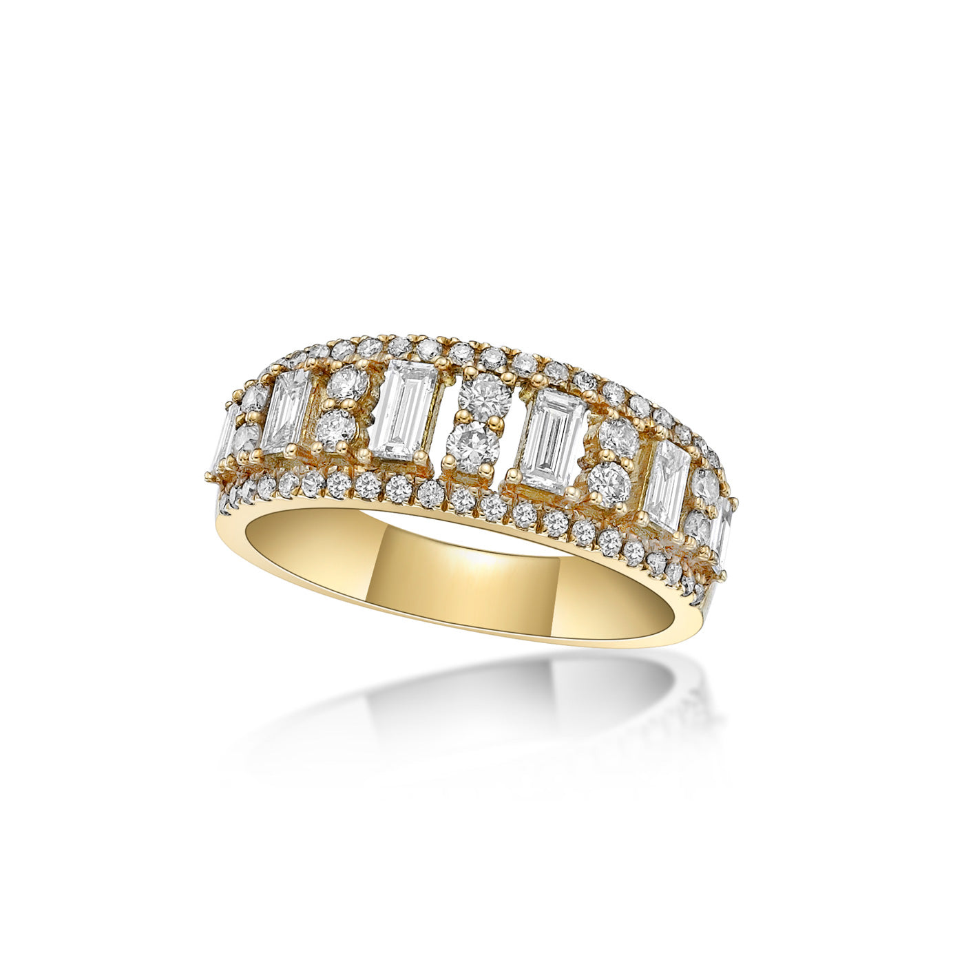 Handcrafted 18K Yellow Gold Round and Baguette Diamond Dress Ring