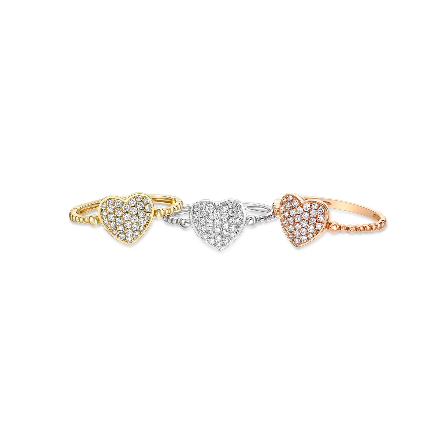Multicolourway 18K Rose, White, and Yellow Gold Pave diamond Heart Rings