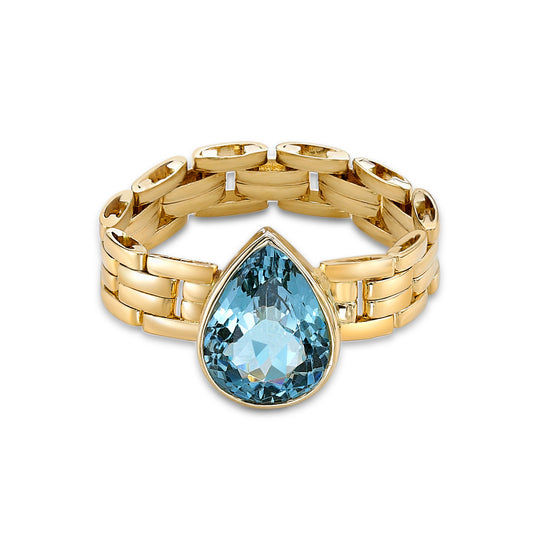 2ct Pear-shaped Santa Maria Aquamarine bezel set  in 18K Yellow Gold, with a custom vintage chain band