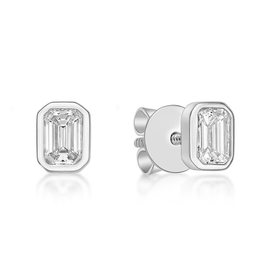 50pt Emerald Cut Bezel Diamond Stud Earrings in 18K White Gold