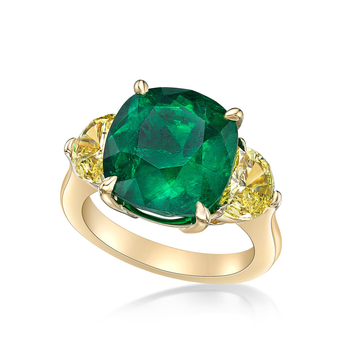 6.48ct Cushion Cut Colombian Green Emerald in a handmade 18K Yellow Gold 3-stone setting with 75pt half-moon Yellow diamond sidestones