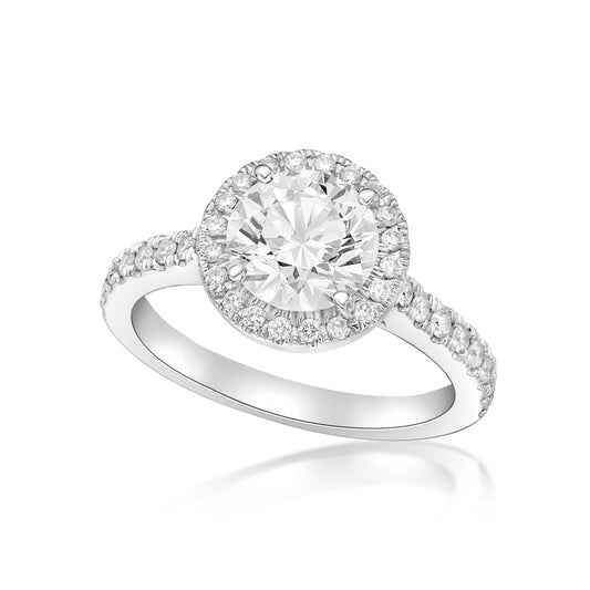 1.78ct Round Brilliant diamond in a handmade 18K White Gold engagement ring setting with wall-set diamond halo